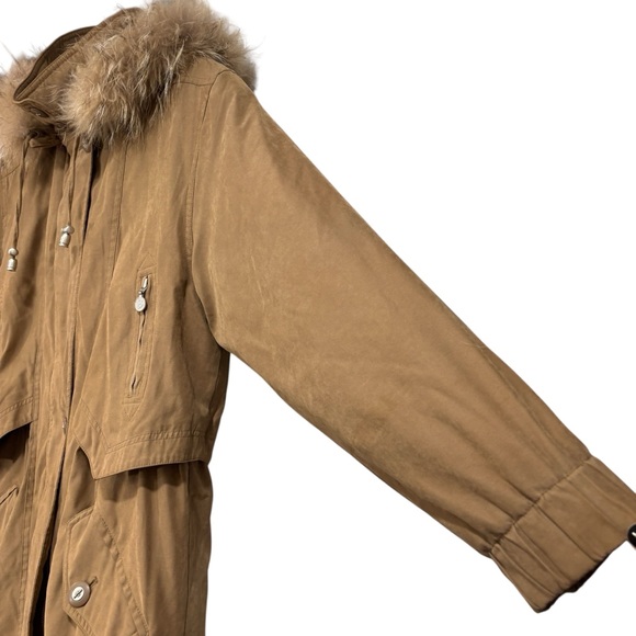 Bernardo Faux Suede Fall Winter Coat Size Small Raccoon Fur Trim Hood Womens - Picture 5 of 16